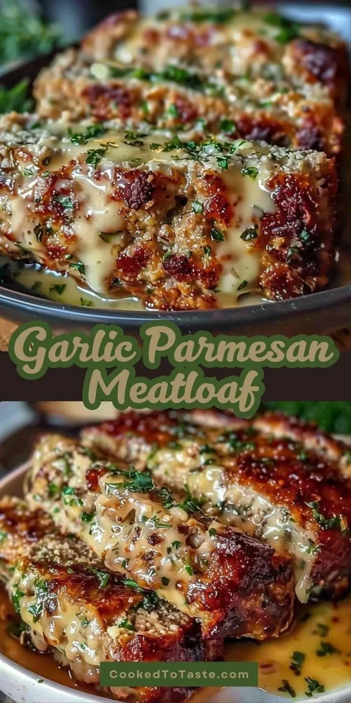 Delicious Garlic Parmesan Meatloaf topped with herbs and cheese