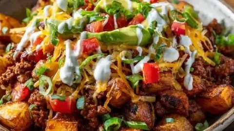 Loaded potato taco bowl topped with cheese, sour cream, and fresh veggies