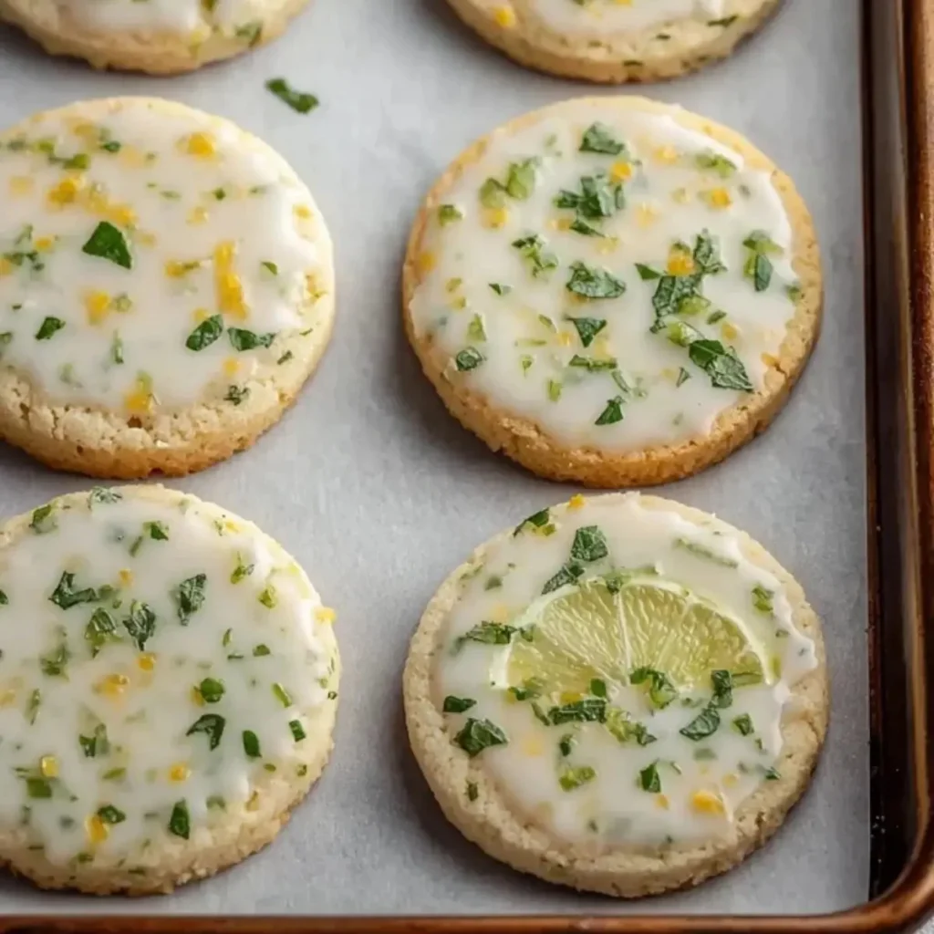 Homemade Mojito Sugar Cookies topped with mint and lime zest