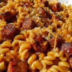 Bowl of one-pot honey BBQ sausage pasta topped with parsley.