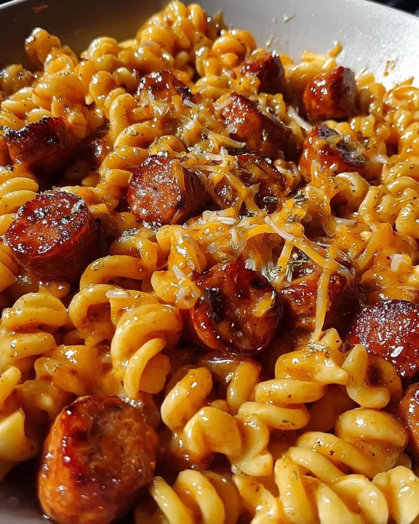 Bowl of one-pot honey BBQ sausage pasta topped with parsley.