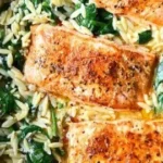 Delicious One Skillet Salmon served with Lemon Orzo on a plate.