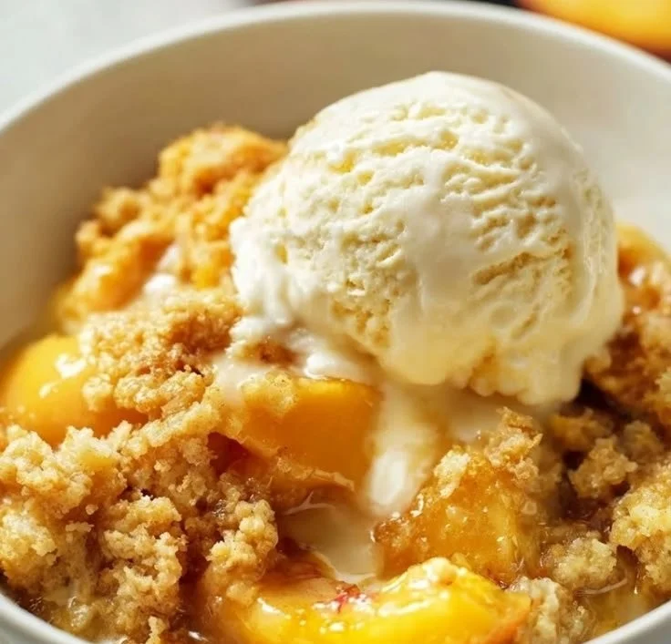 Delicious Peach Dump Cake dessert served in a bowl with fresh peach slices.