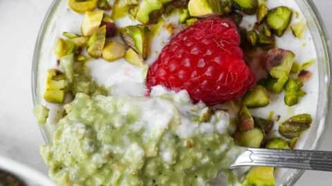 Delicious Pistachio Overnight Oats served in a bowl with nuts and fruits