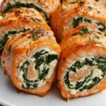 Delicious Salmon Pinwheels filled with spinach and feta cheese
