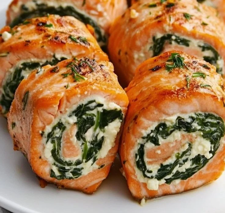 Delicious Salmon Pinwheels filled with spinach and feta cheese