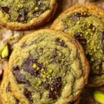 Freshly baked salted pistachio chocolate chunk cookies on a rustic plate