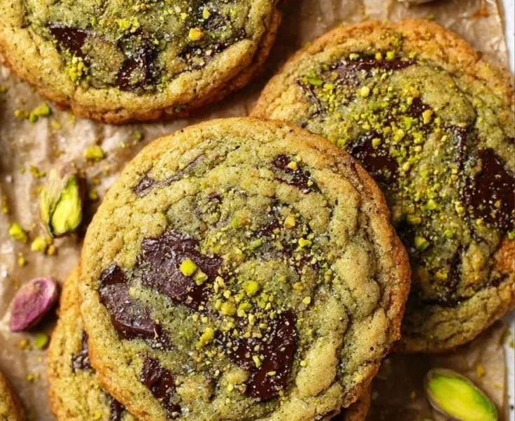 Freshly baked salted pistachio chocolate chunk cookies on a rustic plate