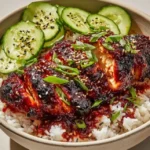Plate of Sticky Honey Gochujang Chicken garnished with sesame seeds and green onions