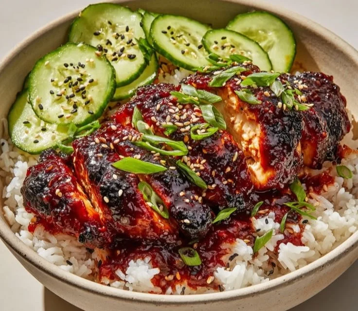 Plate of Sticky Honey Gochujang Chicken garnished with sesame seeds and green onions