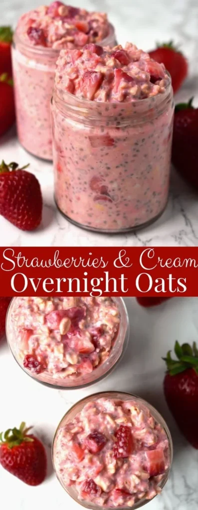 Bowl of strawberries and cream overnight oats topped with fresh strawberries