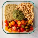 White bean and pesto bake dish ready to serve