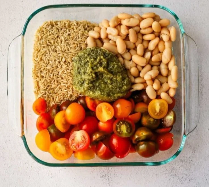 White bean and pesto bake dish ready to serve