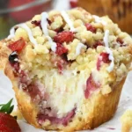 Delicious strawberry cream cheese muffins topped with fresh strawberries