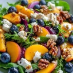 Colorful Blueberry Peach Feta Salad in a bowl with fresh ingredients