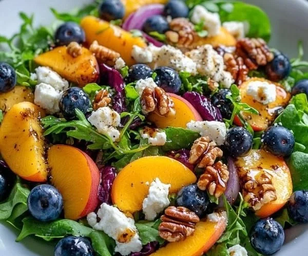 Colorful Blueberry Peach Feta Salad in a bowl with fresh ingredients