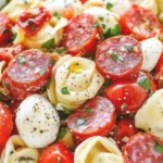 Delicious Cheese Tortellini Pasta Salad with fresh vegetables and dressing
