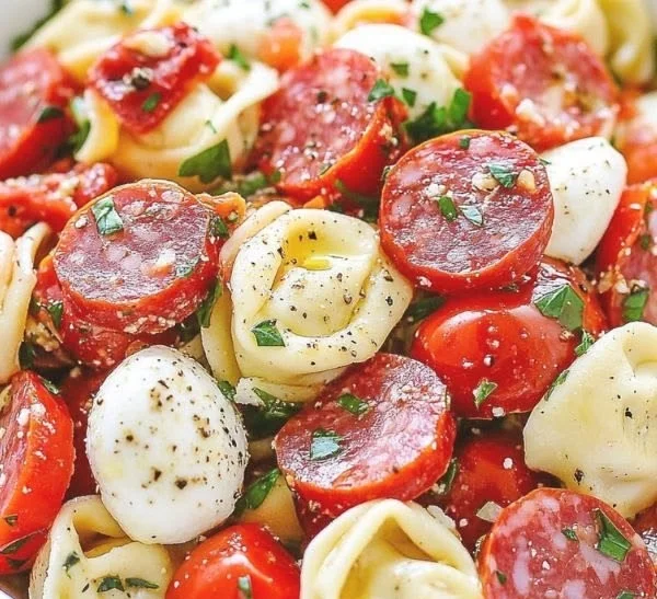 Delicious Cheese Tortellini Pasta Salad with fresh vegetables and dressing