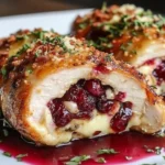 Cranberry Brie Stuffed Chicken served with a sprig of rosemary