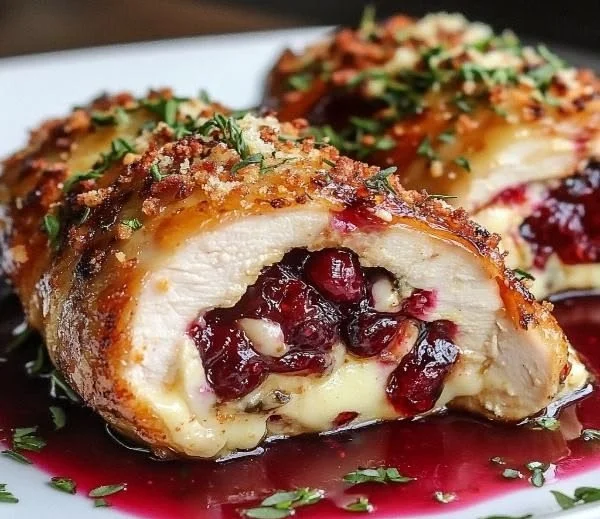 Cranberry Brie Stuffed Chicken served with a sprig of rosemary