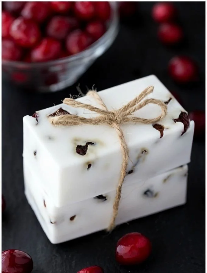 Homemade cranberry soap with vanilla shea ingredients