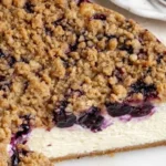Creamy blueberry cheesecake topped with fresh blueberries and a graham cracker crust.