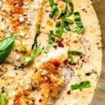 Creamy Parmesan Basil Chicken served on a plate garnished with fresh basil