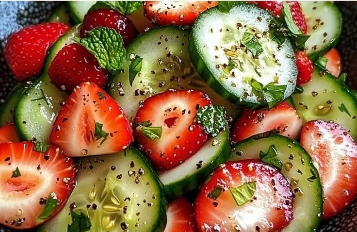 Fresh cucumber strawberry salad with colorful ingredients and a light dressing.