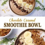 Delicious caramel-chocolate smoothie bowl topped with fresh fruits and nuts