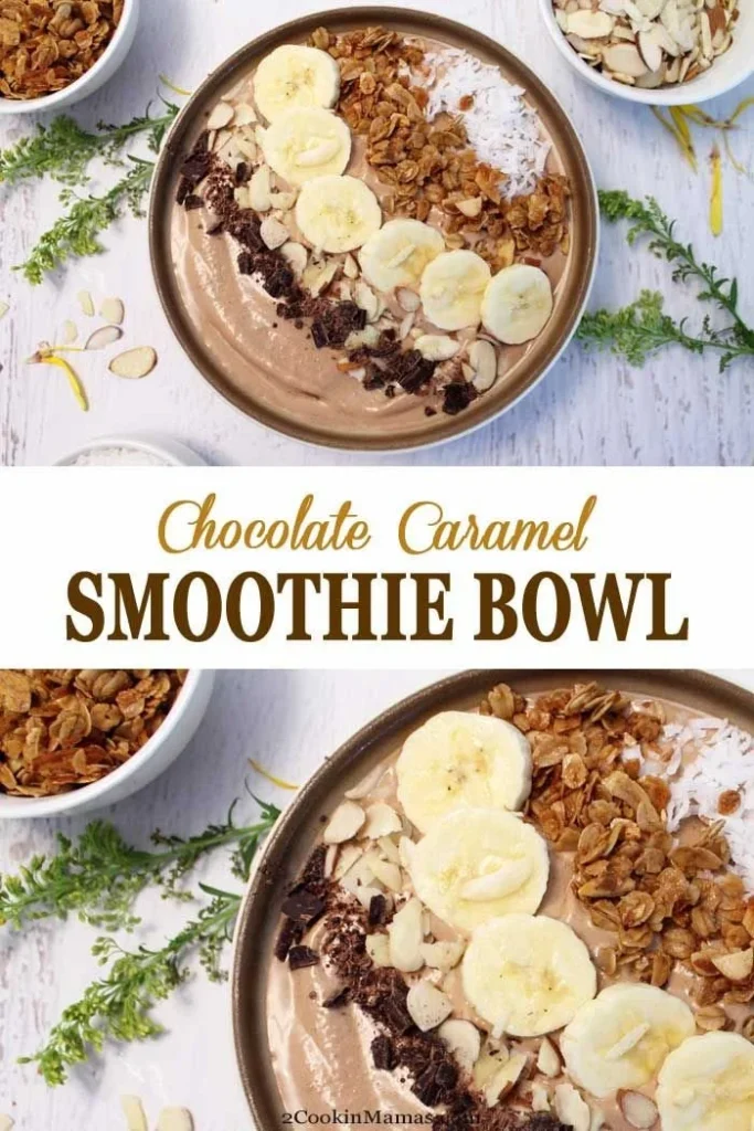 Delicious caramel-chocolate smoothie bowl topped with fresh fruits and nuts