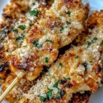 Easy Garlic Parmesan Chicken Skewers on a grill, ready to serve.