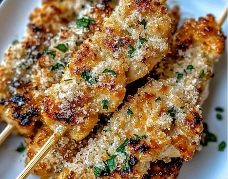 Easy Garlic Parmesan Chicken Skewers on a grill, ready to serve.