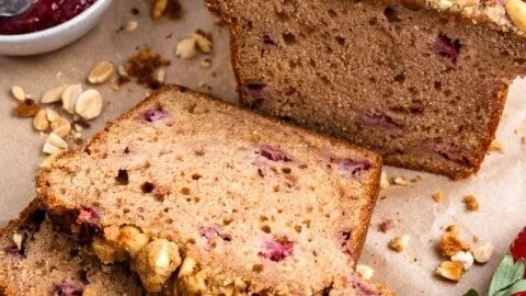 Delicious slice of easy peanut butter jelly snack bread on a plate