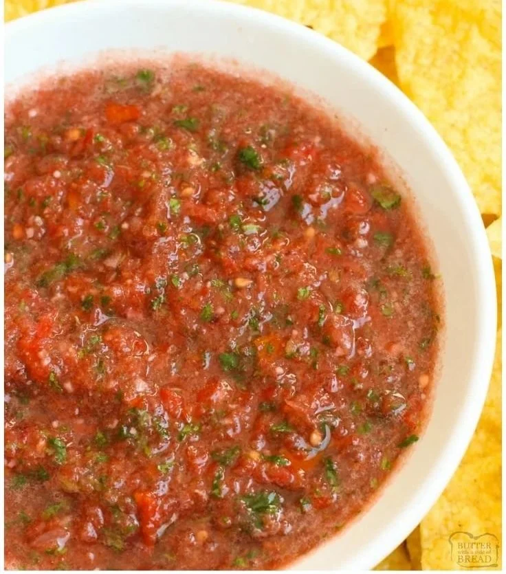 Freshly made blender salsa in a bowl with vibrant colors and fresh ingredients