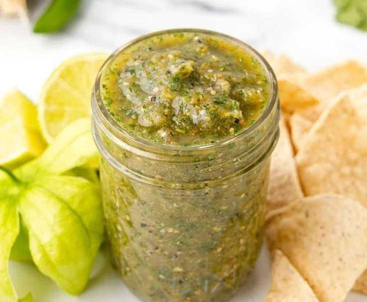 Fresh tomatillo salsa made with ripe tomatillos and spices