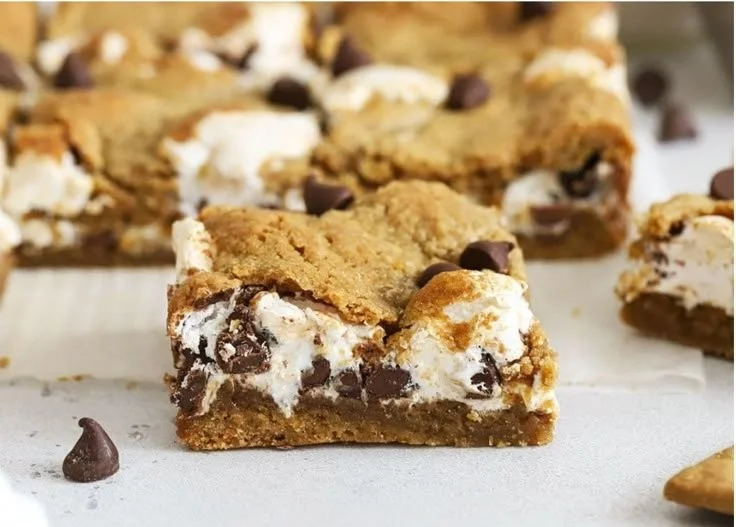 A plate of gluten-free s'mores bars featuring graham cracker, chocolate, and marshmallows.