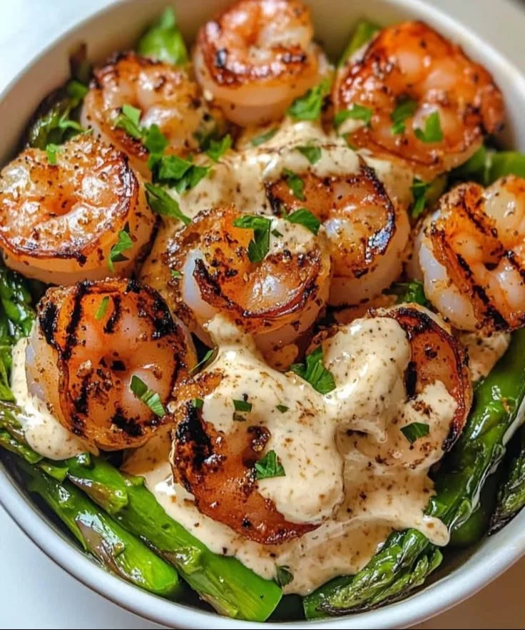 Grilled shrimp bowl with asparagus and fresh herbs