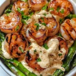Grilled shrimp bowl with asparagus, vibrant colors and fresh ingredients.