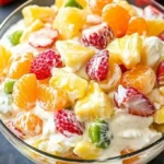 Delicious Hawaiian Cheesecake Salad served in a bowl with tropical fruits
