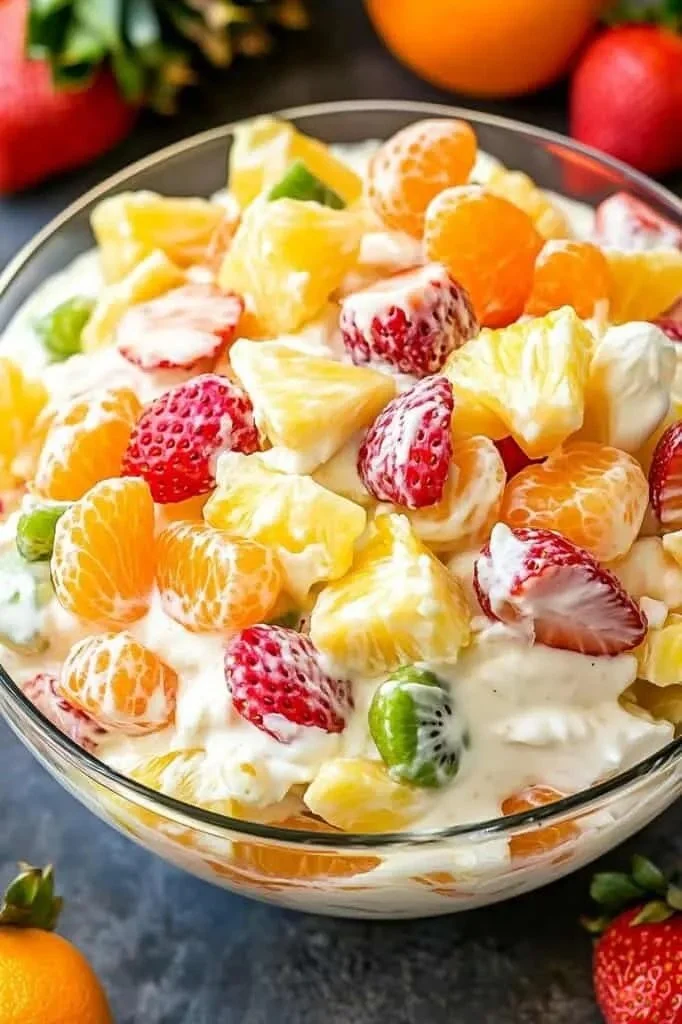 Delicious Hawaiian Cheesecake Salad served in a bowl with tropical fruits