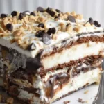 Delicious Ice Cream Sandwich Cake with layers of ice cream and cookies