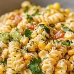 Deliciously colorful Mexican street corn pasta salad in a serving bowl