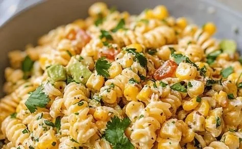 Delicious Mexican Street Corn Pasta Salad with colorful ingredients.