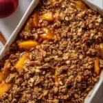 Delicious Pecan Bourbon Peach Crisp topped with crunchy pecans and fresh peaches