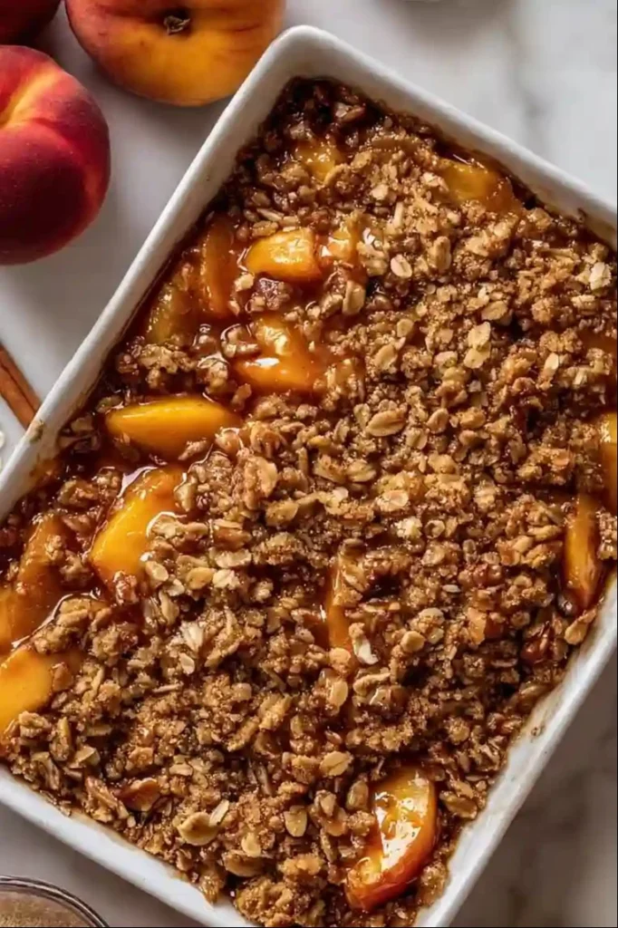 Delicious Pecan Bourbon Peach Crisp topped with crunchy pecans and fresh peaches
