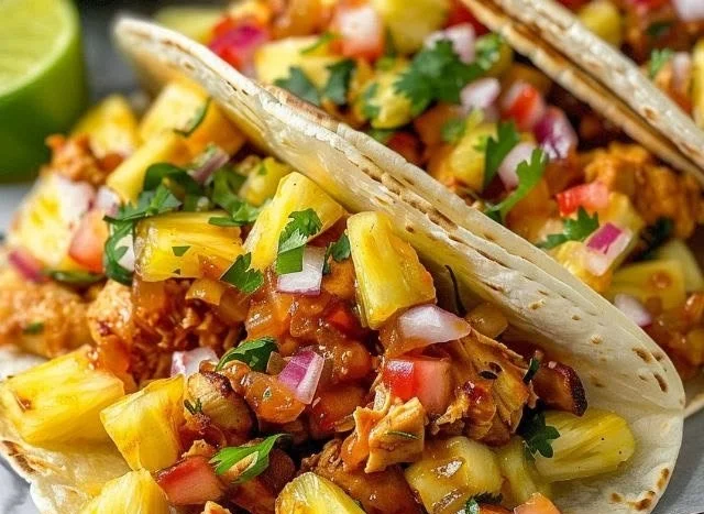 Delicious pineapple chicken tacos served in soft tortillas