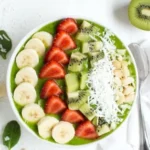 Delicious tropical green smoothie bowl topped with fresh fruits and seeds.