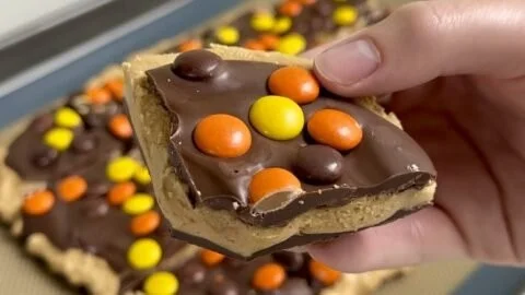 Delicious homemade Reese's Bark with chocolate and peanut butter layers.