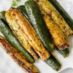 Bowl of roasted zucchini seasoned with herbs and spices.