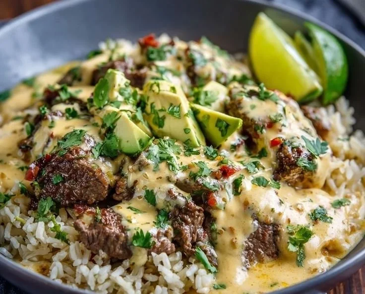 Delicious Steak Queso Rice served in a bowl with melted cheese and steak chunks